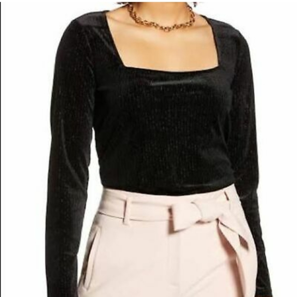 Halogen Mattalic Stripes Square Neck Black Top